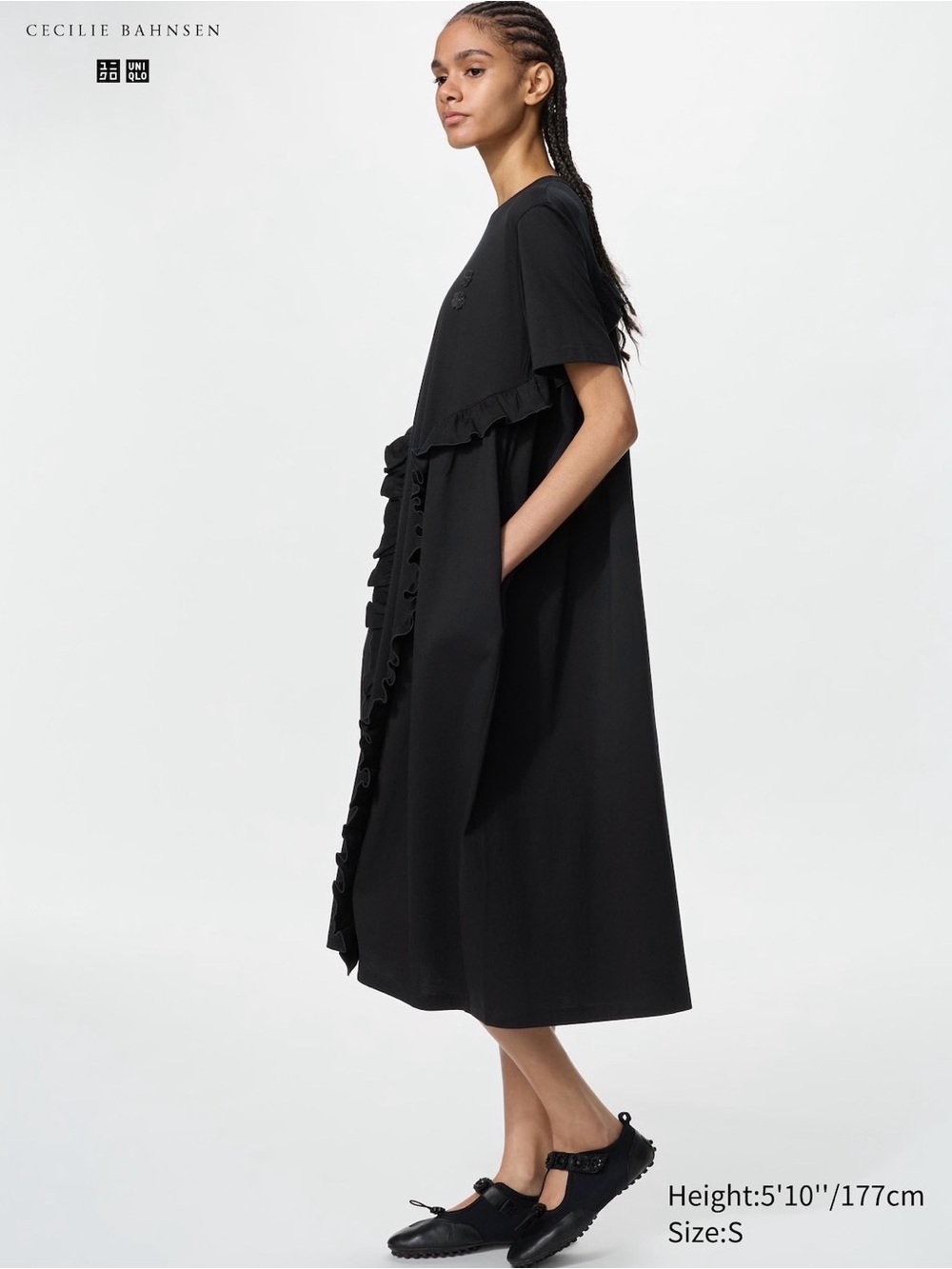 UNIQLO x Cecilie Bahnsen Black Ruffle-Trim Midi Dress